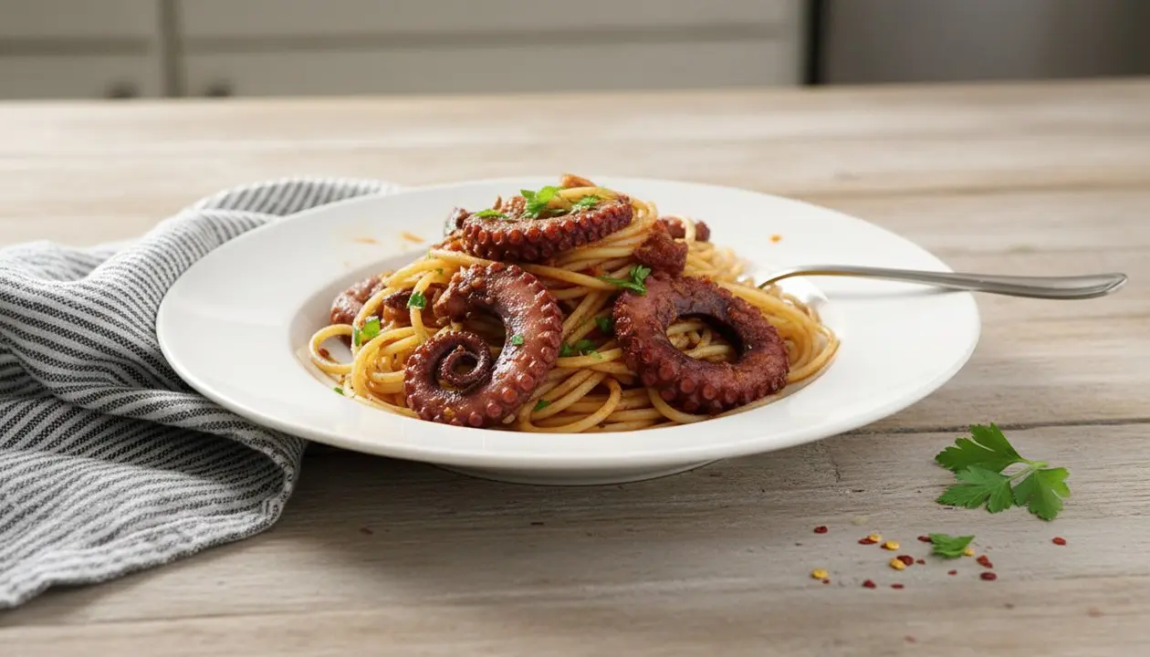 Espaguetis con pulpo: receta fácil con pulpo cocido, ajo, pimentón y tomate