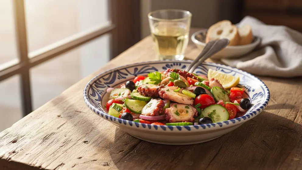  Pipirrana de pulpo fresca y tradicional receta mediterr&aacute;nea paso a paso para un entrante delicioso y saludable &mdash; Imagen generada por IA 