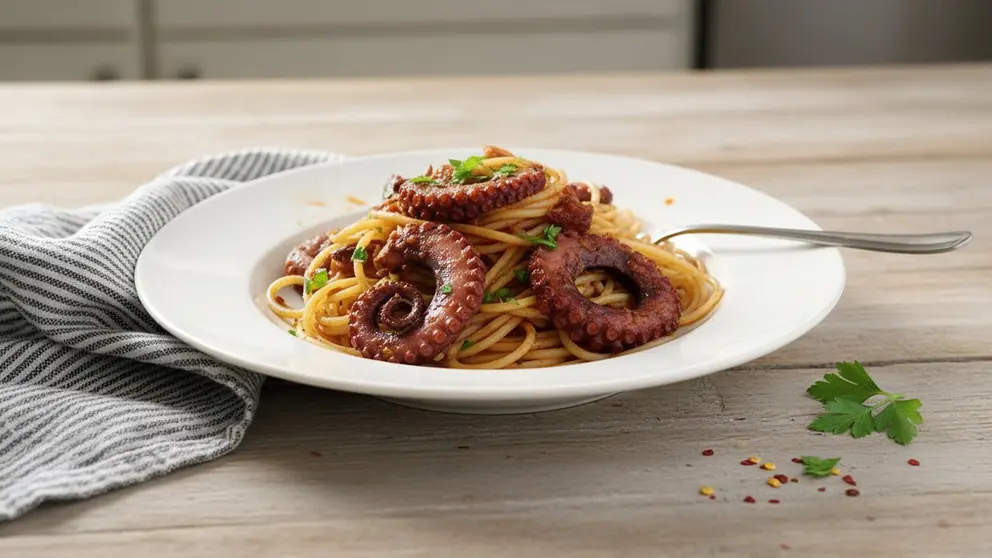  Espaguetis con pulpo cocido, ajo, piment&oacute;n y tomate en una receta f&aacute;cil y sabrosa para disfrutar en casa &mdash; Imagen generada por IA 