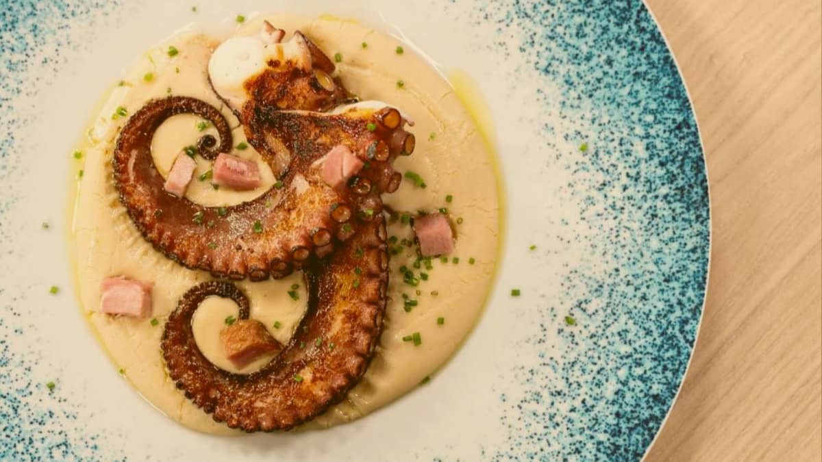 Pulpo á feira con crema de alubias: así es uno de los platos del verano.